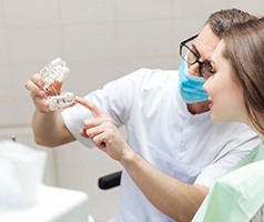 a dentist explaining how dental implants work to a patient