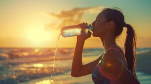 Profile view of a woman with a ponytail at the beach drinking from a water bottle